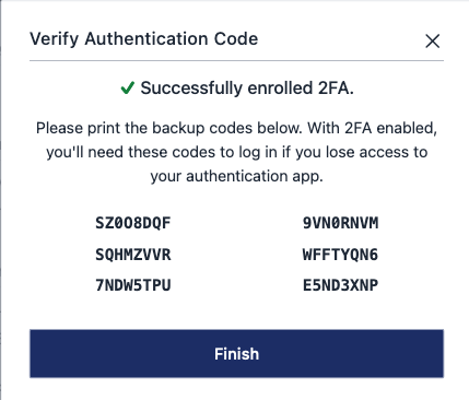 Two-Factor Authentication backup codes form